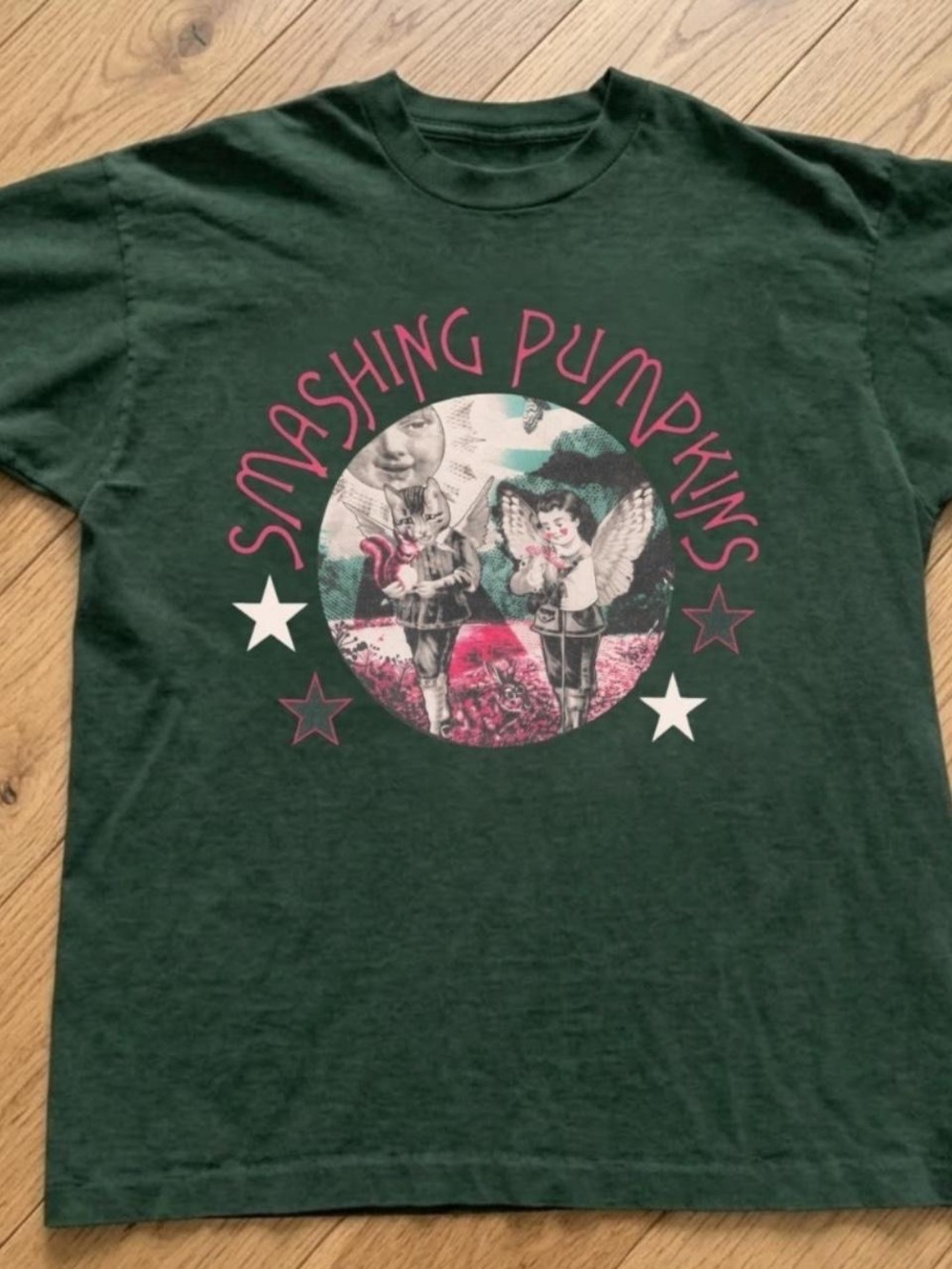 Gildan Smashing Pumpkins Short Sleeve Tee - Dark Green with Pink & White Graphic